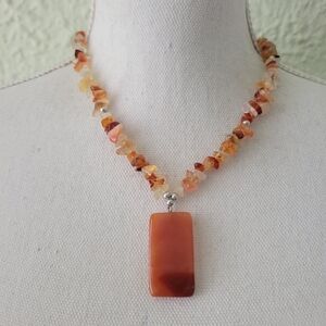 Orange Lace Agate Stone Rectangular Pendant Chips Beaded Collar Necklace 17"